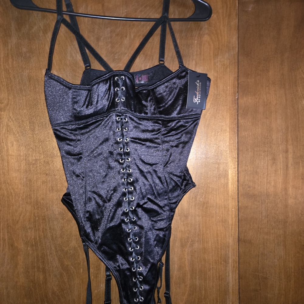 Frederick's of Hollywood Black Satin Lace-Up Chemise